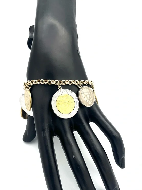 14K Italian Solid Yellow Gold Round Link 7” Lire / Lira Coin Charm Bracelet - Picture 6 of 8